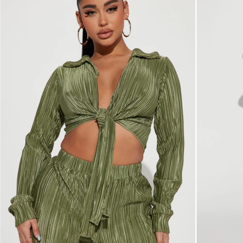 Fashion Nova Green Puff Sleeve Crop Top with Tie Front - Picture 1 of 3